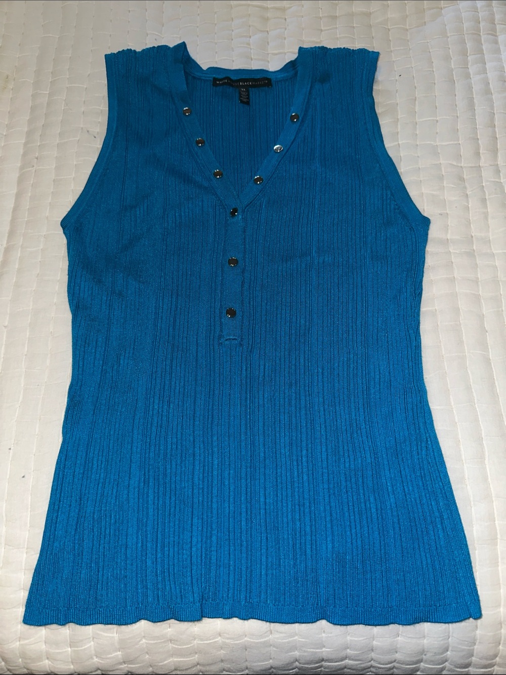 White House Black Market Bright Teal Ribbed V-Neck Tank with Button Accents